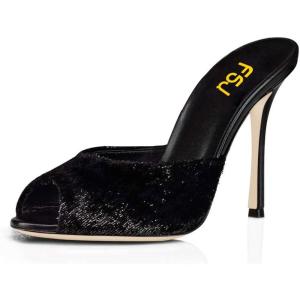 imageFSJ Women Comfort Low Kitten Heel Sandals Mules Peep Toe Slide Slip On Summer Dress Pump Shoes 415 M US12cm Black Fur