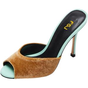 imageFSJ Women Comfort Low Kitten Heel Sandals Mules Peep Toe Slide Slip On Summer Dress Pump Shoes 415 M US12cm Brown Green Fur