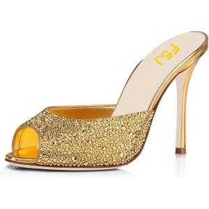 imageFSJ Women Comfort Low Kitten Heel Sandals Mules Peep Toe Slide Slip On Summer Dress Pump Shoes 415 M US12cm Gold Rhinestone