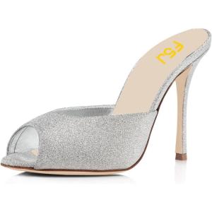 imageFSJ Women Comfort Low Kitten Heel Sandals Mules Peep Toe Slide Slip On Summer Dress Pump Shoes 415 M US12cm Silver Glitter