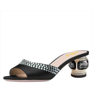 imageFSJ Women Crystal Low Heel Bridal Pumps Slip on Mules Slide Sandals Peep Toe Clogs Dressy Rhinestone Slipper Shoes Size 415 USBlack Heel