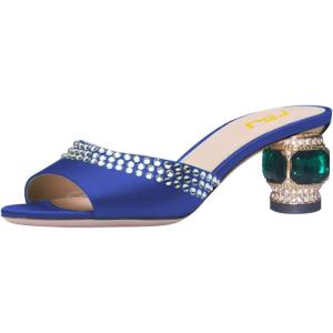 imageFSJ Women Crystal Low Heel Bridal Pumps Slip on Mules Slide Sandals Peep Toe Clogs Dressy Rhinestone Slipper Shoes Size 415 USBlue