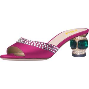 imageFSJ Women Crystal Low Heel Bridal Pumps Slip on Mules Slide Sandals Peep Toe Clogs Dressy Rhinestone Slipper Shoes Size 415 USFuchsia