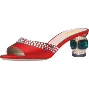 imageFSJ Women Crystal Low Heel Bridal Pumps Slip on Mules Slide Sandals Peep Toe Clogs Dressy Rhinestone Slipper Shoes Size 415 USRed