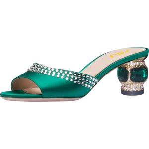 imageFSJ Women Crystal Low Heel Bridal Pumps Slip on Mules Slide Sandals Peep Toe Clogs Dressy Rhinestone Slipper Shoes Size 415 USTeal