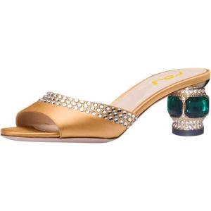 imageFSJ Women Crystal Low Heel Bridal Pumps Slip on Mules Slide Sandals Peep Toe Clogs Dressy Rhinestone Slipper Shoes Size 415 USYellow
