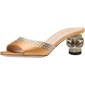 imageFSJ Women Crystal Low Heel Bridal Pumps Slip on Mules Slide Sandals Peep Toe Clogs Dressy Rhinestone Slipper Shoes Size 415 USYellow Heel
