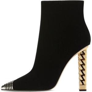 imageFSJ Women Fashion Gold Metal Chain Chunky High Heel Ankle Boots Ferrules Pointed Toe Winter Booties Side Zipper Faux Suede Short Boots 415 M USBlack1