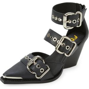 imageFSJ Women Pointed Toe Metal Buckle Hollow Out Leather Strappy Medium Thick Wedge Stacked Heel Sandal Zipper Western Fashion Pumps Shoes Size 416 USBlack