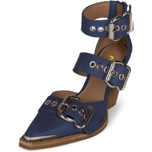 imageFSJ Women Pointed Toe Metal Buckle Hollow Out Leather Strappy Medium Thick Wedge Stacked Heel Sandal Zipper Western Fashion Pumps Shoes Size 416 USBlue