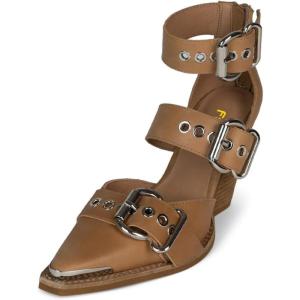 imageFSJ Women Pointed Toe Metal Buckle Hollow Out Leather Strappy Medium Thick Wedge Stacked Heel Sandal Zipper Western Fashion Pumps Shoes Size 416 USBrown