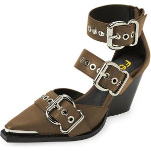 imageFSJ Women Pointed Toe Metal Buckle Hollow Out Leather Strappy Medium Thick Wedge Stacked Heel Sandal Zipper Western Fashion Pumps Shoes Size 416 USOlive Green