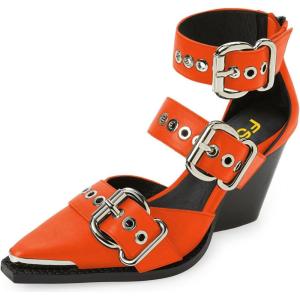 imageFSJ Women Pointed Toe Metal Buckle Hollow Out Leather Strappy Medium Thick Wedge Stacked Heel Sandal Zipper Western Fashion Pumps Shoes Size 416 USOrange