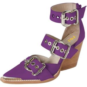 imageFSJ Women Pointed Toe Metal Buckle Hollow Out Leather Strappy Medium Thick Wedge Stacked Heel Sandal Zipper Western Fashion Pumps Shoes Size 416 USPurple