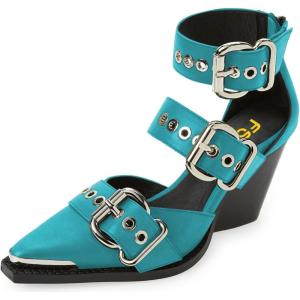 imageFSJ Women Pointed Toe Metal Buckle Hollow Out Leather Strappy Medium Thick Wedge Stacked Heel Sandal Zipper Western Fashion Pumps Shoes Size 416 USTeal