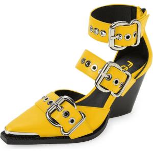 imageFSJ Women Pointed Toe Metal Buckle Hollow Out Leather Strappy Medium Thick Wedge Stacked Heel Sandal Zipper Western Fashion Pumps Shoes Size 416 USYellow