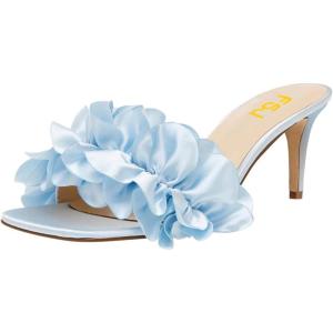 imageFSJ Women Stilettos Heels Open Toe Comfort Low Kitten Heel Slides Cute Multi Frilly Slip On Mules Sandals Evening Party Prom Dance Shoes Size 415 USBlue