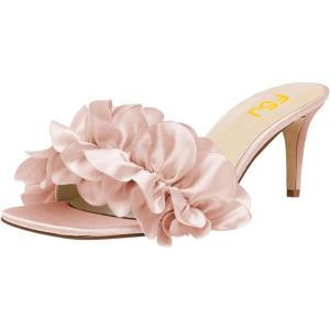 imageFSJ Women Stilettos Heels Open Toe Comfort Low Kitten Heel Slides Cute Multi Frilly Slip On Mules Sandals Evening Party Prom Dance Shoes Size 415 USPink
