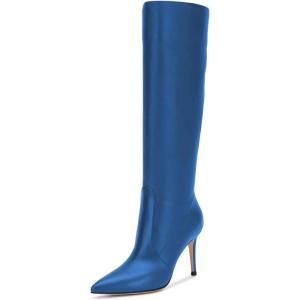 imageFSJ Women Trendy Calf Knee Boots Pointed Closed Toe High Heels Pull On Leather Long Boots Ladies Dress Party Shoes Size 415 USBlue