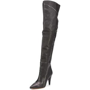 imageFSJ Women Trendy Studded Over The Knee Boots Pointed Toe Thigh High Cone Heel Leather Long Booties Shoes Size 415 USBlack