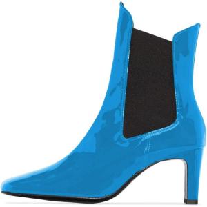 imageFSJ Women Western Square Toe Ankle Boots Chic Thick Mid High Heels Booties Evening Party Shoes with Elastic Size 415 USBlue