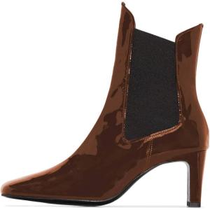 imageFSJ Women Western Square Toe Ankle Boots Chic Thick Mid High Heels Booties Evening Party Shoes with Elastic Size 415 USBrown