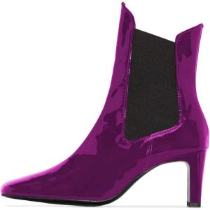 imageFSJ Women Western Square Toe Ankle Boots Chic Thick Mid High Heels Booties Evening Party Shoes with Elastic Size 415 USFuchsia