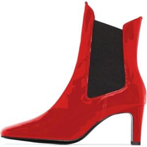 imageFSJ Women Western Square Toe Ankle Boots Chic Thick Mid High Heels Booties Evening Party Shoes with Elastic Size 415 USRed