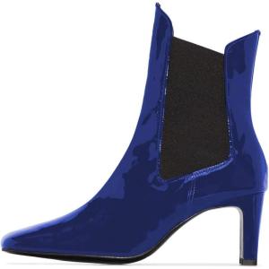 imageFSJ Women Western Square Toe Ankle Boots Chic Thick Mid High Heels Booties Evening Party Shoes with Elastic Size 415 USRoyal Blue