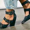 imageFSJ Women Pointed Toe Metal Buckle Hollow Out Leather Strappy Medium Thick Wedge Stacked Heel Sandal Zipper Fashion Pumps Shoes Size 416 USCyan