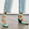 imageFSJ Women Pointed Toe Metal Buckle Hollow Out Leather Strappy Medium Thick Wedge Stacked Heel Sandal Zipper Fashion Pumps Shoes Size 416 USLight Green