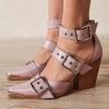 imageFSJ Women Pointed Toe Metal Buckle Hollow Out Leather Strappy Medium Thick Wedge Stacked Heel Sandal Zipper Fashion Pumps Shoes Size 416 USLight Purple