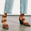 imageFSJ Women Pointed Toe Metal Buckle Hollow Out Leather Strappy Medium Thick Wedge Stacked Heel Sandal Zipper Fashion Pumps Shoes Size 416 USOrangebrown