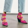 imageFSJ Women Pointed Toe Metal Buckle Hollow Out Leather Strappy Medium Thick Wedge Stacked Heel Sandal Zipper Fashion Pumps Shoes Size 416 USPink