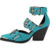 imageFSJ Women Pointed Toe Metal Buckle Hollow Out Leather Strappy Medium Thick Wedge Stacked Heel Sandal Zipper Fashion Pumps Shoes Size 416 USTeal