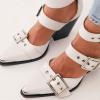 imageFSJ Women Pointed Toe Metal Buckle Hollow Out Leather Strappy Medium Thick Wedge Stacked Heel Sandal Zipper Fashion Pumps Shoes Size 416 USWhite