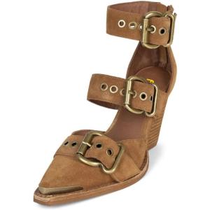 imageFSJ Women Pointed Toe Metal Buckle Hollow Out Leather Strappy Medium Thick Wedge Stacked Heel Sandal Zipper Fashion Pumps Shoes Size 416 USCamel