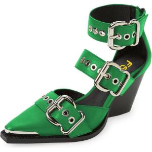 imageFSJ Women Pointed Toe Metal Buckle Hollow Out Leather Strappy Medium Thick Wedge Stacked Heel Sandal Zipper Fashion Pumps Shoes Size 416 USGreen
