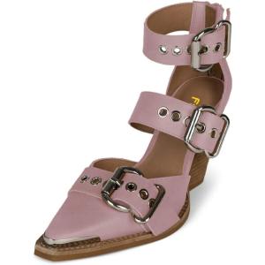 imageFSJ Women Pointed Toe Metal Buckle Hollow Out Leather Strappy Medium Thick Wedge Stacked Heel Sandal Zipper Fashion Pumps Shoes Size 416 USLight Purple