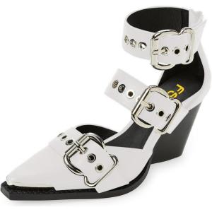 imageFSJ Women Pointed Toe Metal Buckle Hollow Out Leather Strappy Medium Thick Wedge Stacked Heel Sandal Zipper Fashion Pumps Shoes Size 416 USWhite