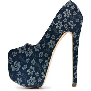imageFSJ Women Sexy Round Toe Platform Pumps Stiletto High Heel Slip On Fashion Party Prom Dress Office Formal Shoes Size 415 USBlue Flower