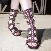 imageFSJ Women Rhinestone Calf High Strappy Gladiator Sandal Low Kitten Heel Open Toe Cutout Buckles Back Zipper Comfortable Fashion Street Dress Shoes Size 416 USPurple