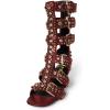 imageFSJ Women Rhinestone Calf High Strappy Gladiator Sandal Low Kitten Heel Open Toe Cutout Buckles Back Zipper Comfortable Fashion Street Dress Shoes Size 416 USRed