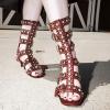 imageFSJ Women Rhinestone Calf High Strappy Gladiator Sandal Low Kitten Heel Open Toe Cutout Buckles Back Zipper Comfortable Fashion Street Dress Shoes Size 416 USRed