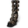 imageFSJ Women Rhinestone Calf High Strappy Gladiator Sandal Low Kitten Heel Open Toe Cutout Buckles Back Zipper Comfortable Fashion Street Dress Shoes Size 416 USBlack