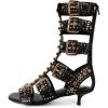 imageFSJ Women Rhinestone Calf High Strappy Gladiator Sandal Low Kitten Heel Open Toe Cutout Buckles Back Zipper Comfortable Fashion Street Dress Shoes Size 416 USBlack