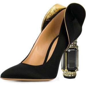 imageFSJ Women Graceful Satin Pumps Pointed Toe Crystal Chunky Block High Heels Slip On Curly Back Wedding Dress Evening Shoes Size 416 USBlack