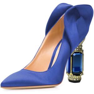imageFSJ Women Graceful Satin Pumps Pointed Toe Crystal Chunky Block High Heels Slip On Curly Back Wedding Dress Evening Shoes Size 416 USBlue