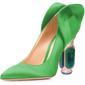 imageFSJ Women Graceful Satin Pumps Pointed Toe Crystal Chunky Block High Heels Slip On Curly Back Wedding Dress Evening Shoes Size 416 USGreen