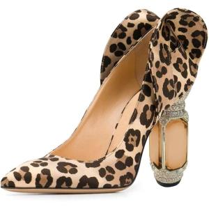 imageFSJ Women Graceful Satin Pumps Pointed Toe Crystal Chunky Block High Heels Slip On Curly Back Wedding Dress Evening Shoes Size 416 USLeopard